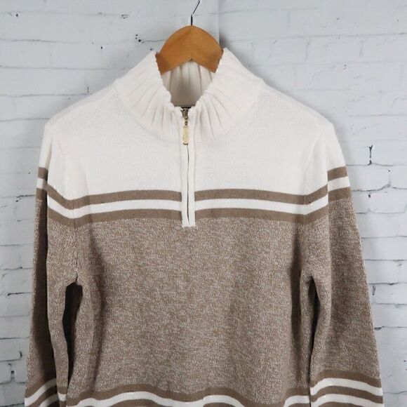 KAREN SCOTT TAN STRIPE LONG SLEEVE 1/4 ZIP UP PULL OVER SWEATER SIZE MEDIUM - Picture 4 of 7